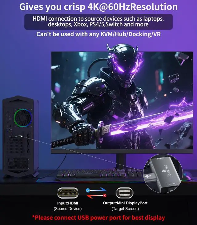 Alt view image 2 of 7 - HDMI to Mini DisplayPort Adapter 4K 60Hz, HDMI Souce to Mini DP Monitor Converter, Male to Thunderbolt 2 Female Compatible with Laptops, Graphics Cards, PS5, AMD,NVIDIA-1 Pack