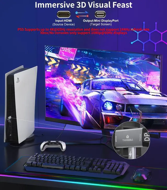 Alt view image 3 of 7 - HDMI to Mini DisplayPort Adapter 4K 60Hz, HDMI Souce to Mini DP Monitor Converter, Male to Thunderbolt 2 Female Compatible with Laptops, Graphics Cards, PS5, AMD,NVIDIA-1 Pack