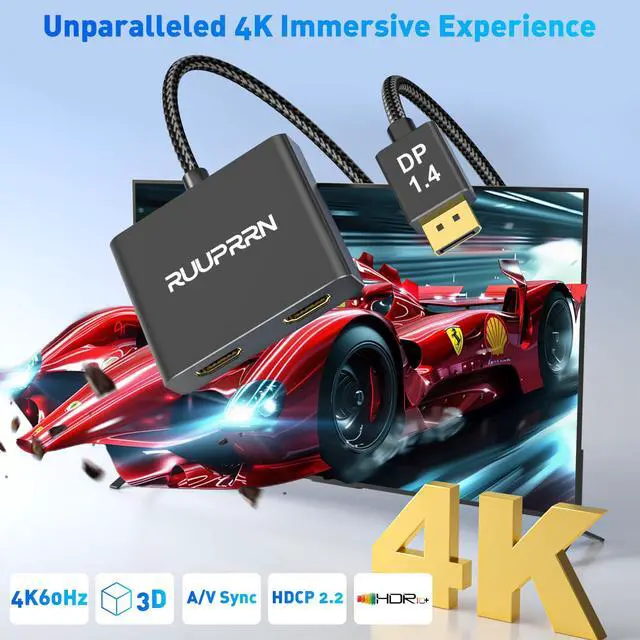 Alt view image 2 of 7 - 4K@60Hz DisplayPort to Dual HDMI Adapter, DP 1.4 Source to HDMI 2.0 Splitter for Dual Monitors, Display Port to HDMI Splitter 1 in 2 Out Extended Display, for PC,NVIDIA, AMD Graphic Card