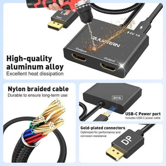 Alt view image 5 of 7 - 4K@60Hz DisplayPort to Dual HDMI Adapter, DP 1.4 Source to HDMI 2.0 Splitter for Dual Monitors, Display Port to HDMI Splitter 1 in 2 Out Extended Display, for PC,NVIDIA, AMD Graphic Card