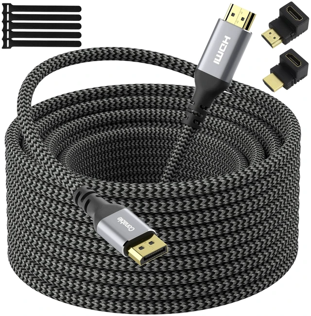 Main image of 4K@60Hz DisplayPort to HDMI Cable 25 FT, Active Uni-Directional, Braided | with 2 HDMI Adapter & 5 Ties, DP 1.2 to HDMI 2.0, Aluminum, Gold-plated, Compatible with Monitor, Projector, Dell, HP, PC, TV