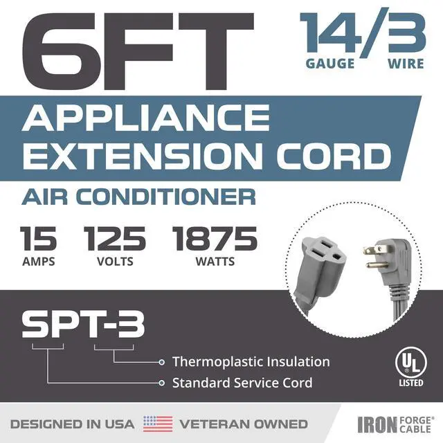 Alt view image 2 of 7 - 6 ft Appliance Extension Cord Gray 14/3 Heavy Duty - Flat Plug & Flat Cable 15 Amp 3 Prong SPT-3 for Major Home Appliances, 14 AWG