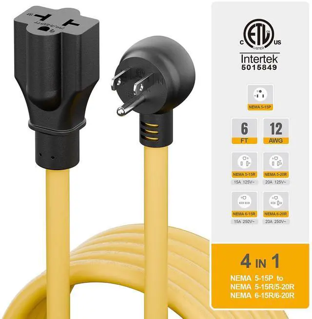 Alt view image 7 of 7 - Indoor/Outdoor Angled Four-in-One Heavy Duty Power Extension Cord SJTW 12-AWG 15A Household Plug to 20A T Blade Cable L=6FT, Angled 3-Prong Extension Cord