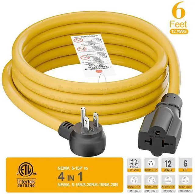Alt view image 6 of 7 - Indoor/Outdoor Angled Four-in-One Heavy Duty Power Extension Cord SJTW 12-AWG 15A Household Plug to 20A T Blade Cable L=6FT, Angled 3-Prong Extension Cord