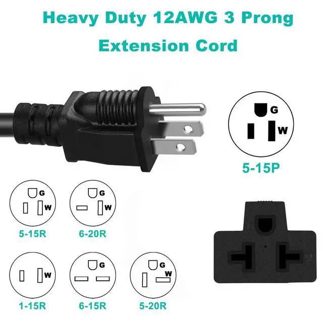 Alt view image 2 of 7 - 15 FT 12 Gauge Extension Cord, 12AWG 15Amp 5-15P Household AC Plug Adapter to 20Amp 5-15R, 5-20R, 6-15R, 6-20R, T Blade Outlet Power Cord.