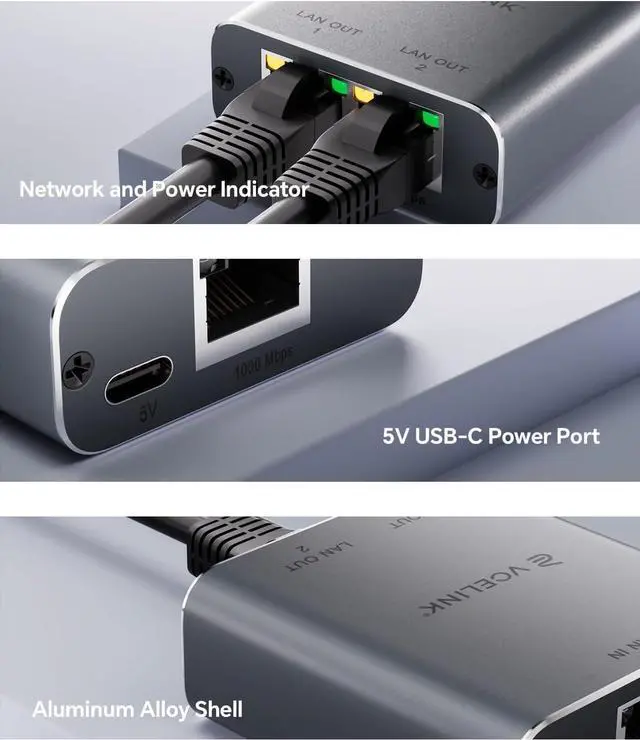 Alt view image 5 of 7 - 2-Pack Ethernet Splitter 1 to 2, 1000Mbps Ethernet Switch with USB Power Cable, Supports 2 Devices Simultaneously Networking, Compatible with Cat7/Cat6/Cat5, Ideal for PS5,Smart TVs, Laptops