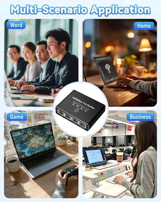 Alt view image 3 of 7 - Ethernet Splitter 1 to 4, Kit with 2 LAN Cable Cat6, 1000Mbps High-Speed RJ45 LAN Splitter Adapter to Connect 4 Devices Simultaneously, USB Powered RJ45 Network Extension for Cat8/7/6/5e/5 Cable