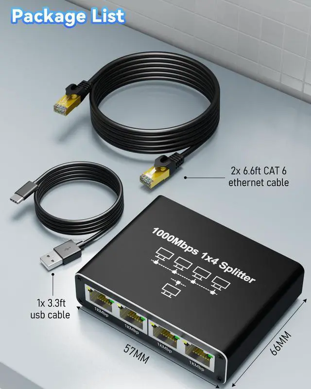 Alt view image 5 of 7 - Ethernet Splitter 1 to 4, Kit with 2 LAN Cable Cat6, 1000Mbps High-Speed RJ45 LAN Splitter Adapter to Connect 4 Devices Simultaneously, USB Powered RJ45 Network Extension for Cat8/7/6/5e/5 Cable
