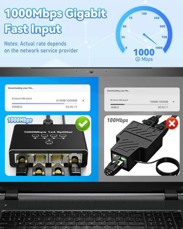 Alt view image 6 of 7 - Ethernet Splitter 1 to 4, Kit with 2 LAN Cable Cat6, 1000Mbps High-Speed RJ45 LAN Splitter Adapter to Connect 4 Devices Simultaneously, USB Powered RJ45 Network Extension for Cat8/7/6/5e/5 Cable