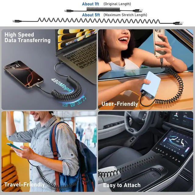 Alt view image 3 of 7 - Coiled USB C Cable for Car 5 Pack, 5FT USB Type C Coiled Cable 3A Fast Charging Retractable Auto USB A to USB C Car Charger Cord for iPhone 17 16 15 Pro Max Plus, Galaxy S25 S24 A15 A55