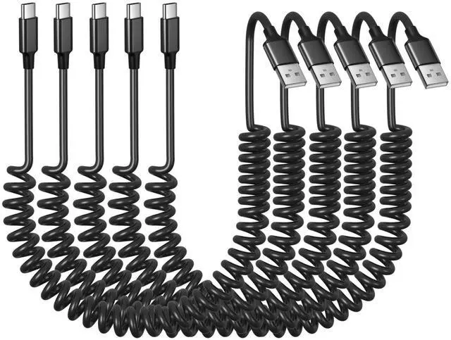Main image of Coiled USB C Cable for Car 5 Pack, 5FT USB Type C Coiled Cable 3A Fast Charging Retractable Auto USB A to USB C Car Charger Cord for iPhone 17 16 15 Pro Max Plus, Galaxy S25 S24 A15 A55