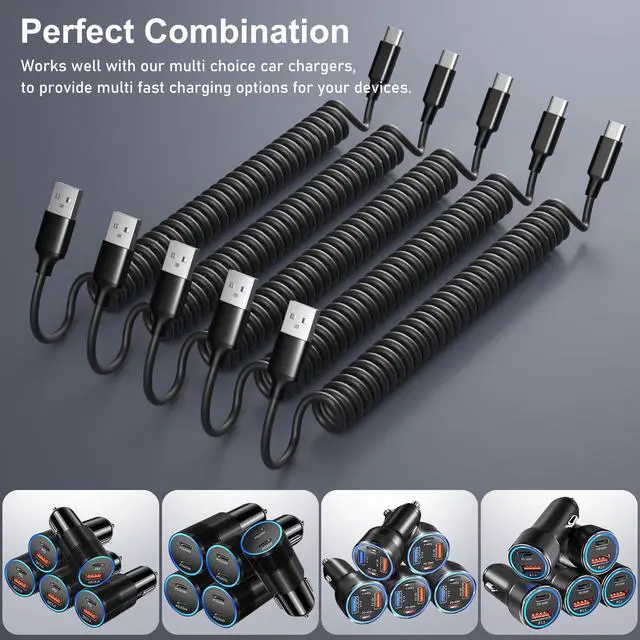 Alt view image 6 of 7 - Coiled USB C Cable for Car 5 Pack, 5FT USB Type C Coiled Cable 3A Fast Charging Retractable Auto USB A to USB C Car Charger Cord for iPhone 17 16 15 Pro Max Plus, Galaxy S25 S24 A15 A55