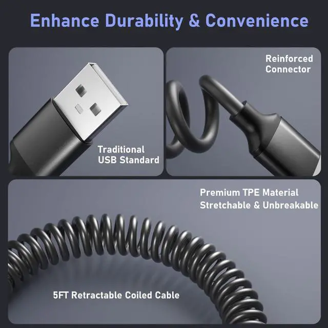 Alt view image 4 of 7 - Coiled USB C Cable for Car 5 Pack, 5FT USB Type C Coiled Cable 3A Fast Charging Retractable Auto USB A to USB C Car Charger Cord for iPhone 17 16 15 Pro Max Plus, Galaxy S25 S24 A15 A55