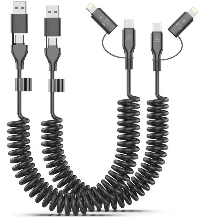 Main image of 2 Pack Coiled USB-C and Lightning Cable 2-in-1, 3FT iPhone 17 16 15 Car Charger Cord, 60W Fast Charging Cable for iPhone 17, Samsung Galaxy, Supports Apple CarPlay & Android Auto (Black)