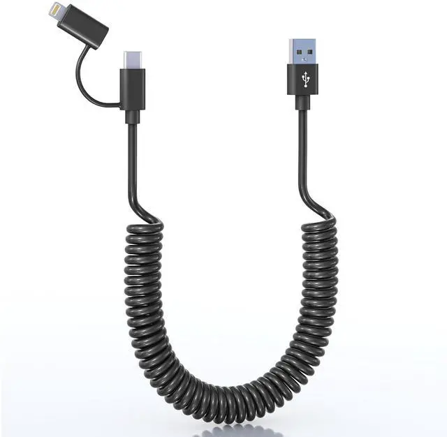 Main image of USB to USB C and Lightning Cable Combo 2 in 1 Coiled Cable Support Apple Carplay & Android Auto 3A Fast Charge Data Sync Short Curly Lightning and USB C Dual Cable for iPhone 15 14 13 12 Android, 3FT