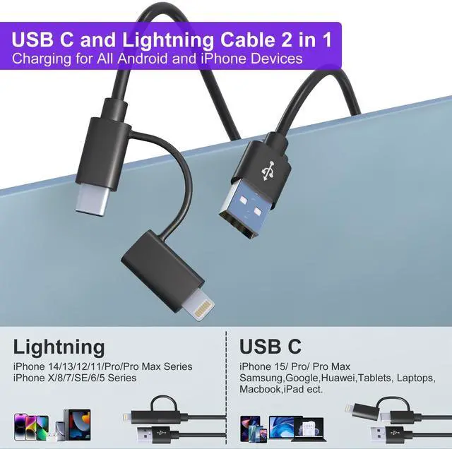 Alt view image 2 of 7 - USB to USB C and Lightning Cable Combo 2 in 1 Coiled Cable Support Apple Carplay & Android Auto 3A Fast Charge Data Sync Short Curly Lightning and USB C Dual Cable for iPhone 15 14 13 12 Android, 3FT