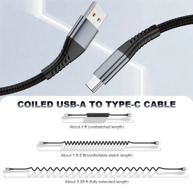 Alt view image 2 of 7 - 2-Pack Coiled USB C Cable for iPhone 17/16/15 All Series, USB A to Type-C Charger Flexible 1-3FT Length & Braided iPhone Fast Charging Cord for iPad Air 4/Mini 6/Galaxy/Pixel/Moto/LG
