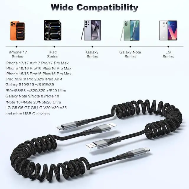 Alt view image 4 of 7 - 2-Pack Coiled USB C Cable for iPhone 17/16/15 All Series, USB A to Type-C Charger Flexible 1-3FT Length & Braided iPhone Fast Charging Cord for iPad Air 4/Mini 6/Galaxy/Pixel/Moto/LG