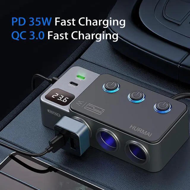 Alt view image 3 of 7 - Cigarette Lighter Splitter Adapter, 120W 3 Socket 12V Car Heavy Duty Truck Cigarette Lighter Plug USB Charger Multi Port Car Plug Outlet Splitter with LED Voltage Display Independent Switches