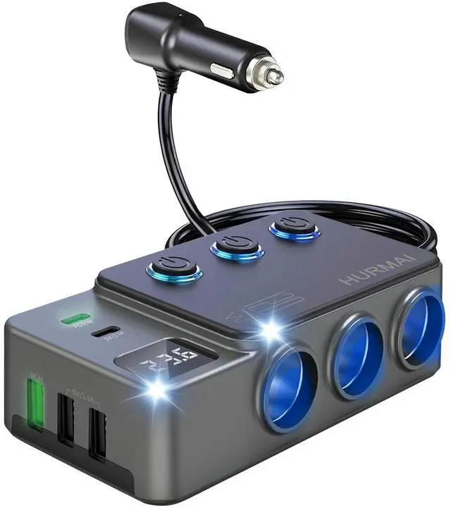 Main image of Cigarette Lighter Splitter Adapter, 120W 3 Socket 12V Car Heavy Duty Truck Cigarette Lighter Plug USB Charger Multi Port Car Plug Outlet Splitter with LED Voltage Display Independent Switches