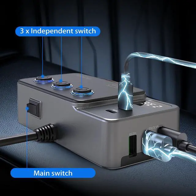 Alt view image 2 of 7 - Cigarette Lighter Splitter Adapter, 120W 3 Socket 12V Car Heavy Duty Truck Cigarette Lighter Plug USB Charger Multi Port Car Plug Outlet Splitter with LED Voltage Display Independent Switches