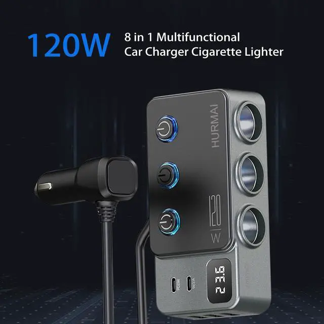 Alt view image 7 of 7 - Cigarette Lighter Splitter Adapter, 120W 3 Socket 12V Car Heavy Duty Truck Cigarette Lighter Plug USB Charger Multi Port Car Plug Outlet Splitter with LED Voltage Display Independent Switches