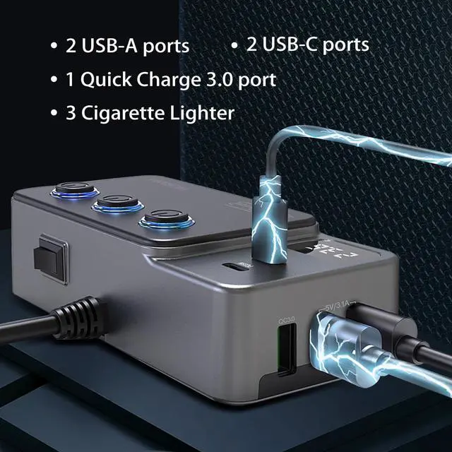 Alt view image 6 of 7 - Cigarette Lighter Splitter Adapter, 120W 3 Socket 12V Car Heavy Duty Truck Cigarette Lighter Plug USB Charger Multi Port Car Plug Outlet Splitter with LED Voltage Display Independent Switches