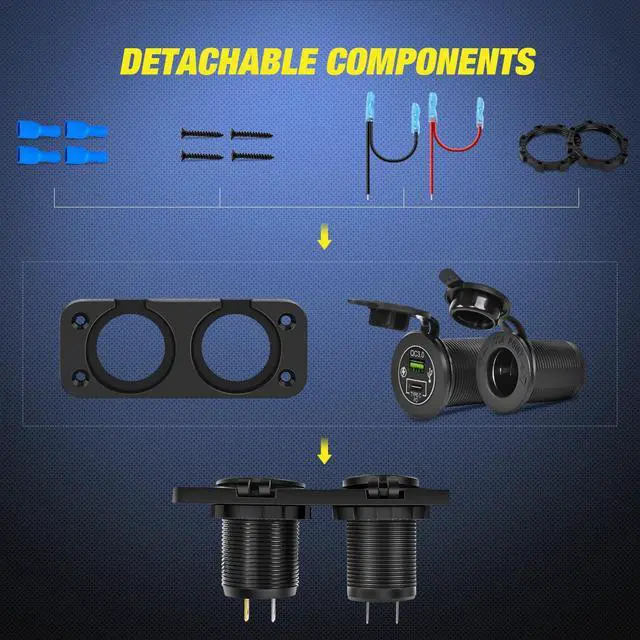 Alt view image 6 of 7 - QC 3.0 USB Charger and Cigarette Lighter Socket Pre-Wired 12V-24V for Cars Trucks