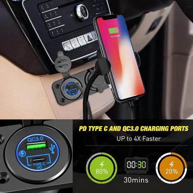 Alt view image 5 of 7 - QC 3.0 USB Charger and Cigarette Lighter Socket Pre-Wired 12V-24V for Cars Trucks