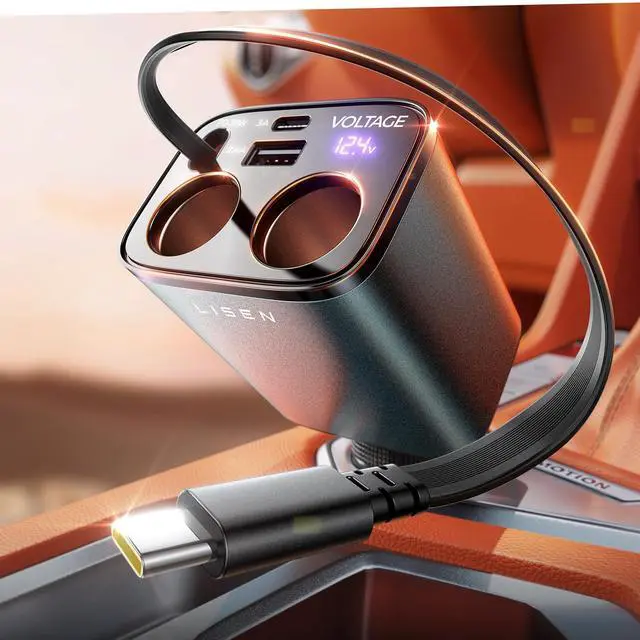 Main image of Car Cigarette Lighter Splitter, Metal 90W Dual Cigarette Lighter Adapter Metal with PD30W Retractable Car Charger, LED Voltage12V/24V Car Charger Splitter for iPhone 16, GPS, DashCam