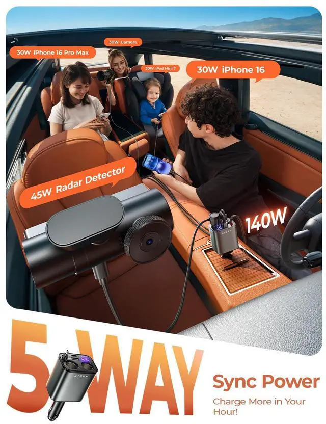 Alt view image 2 of 7 - Car Cigarette Lighter Splitter, Metal 90W Dual Cigarette Lighter Adapter Metal with PD30W Retractable Car Charger, LED Voltage12V/24V Car Charger Splitter for iPhone 16, GPS, DashCam