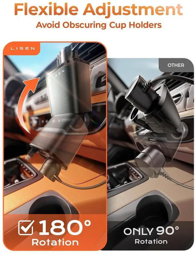 Alt view image 4 of 7 - Car Cigarette Lighter Splitter, Metal 90W Dual Cigarette Lighter Adapter Metal with PD30W Retractable Car Charger, LED Voltage12V/24V Car Charger Splitter for iPhone 16, GPS, DashCam