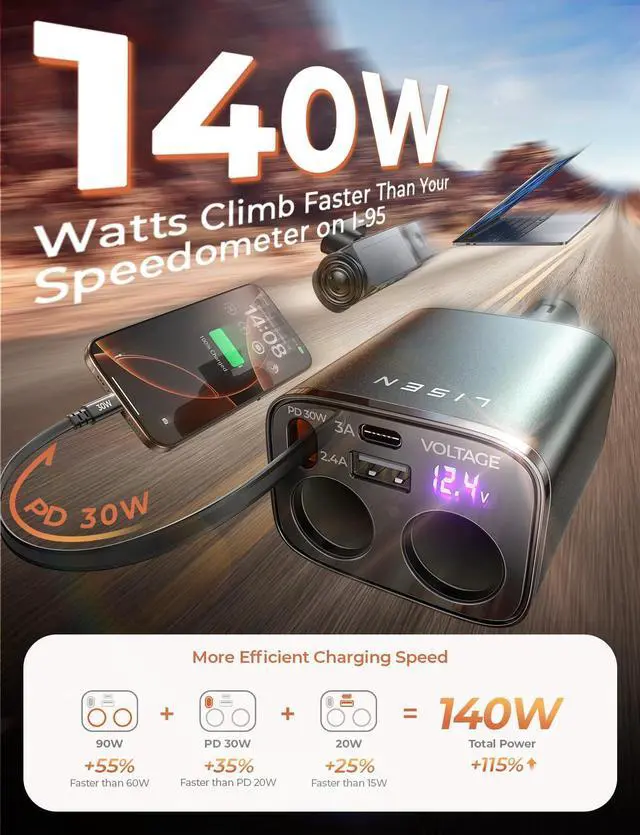 Alt view image 3 of 7 - Car Cigarette Lighter Splitter, Metal 90W Dual Cigarette Lighter Adapter Metal with PD30W Retractable Car Charger, LED Voltage12V/24V Car Charger Splitter for iPhone 16, GPS, DashCam