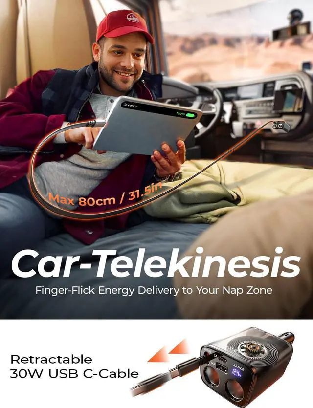 Alt view image 7 of 7 - Car Cigarette Lighter Splitter, Metal 90W Dual Cigarette Lighter Adapter Metal with PD30W Retractable Car Charger, LED Voltage12V/24V Car Charger Splitter for iPhone 16, GPS, DashCam