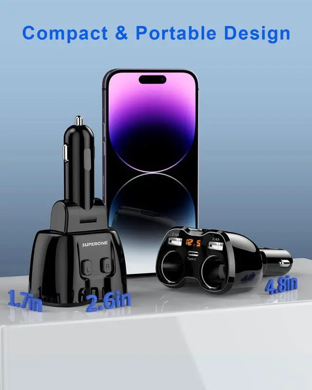 Alt view image 4 of 7 - Upgraded Cigarette Lighter Splitter, 2 Socket Cigarette Lighter Adapter with LED Voltmeter, Dual USB A 12V and Type C 20W PD Car Charger Adapter for Mobile Cell Phone GPS Dash Cam