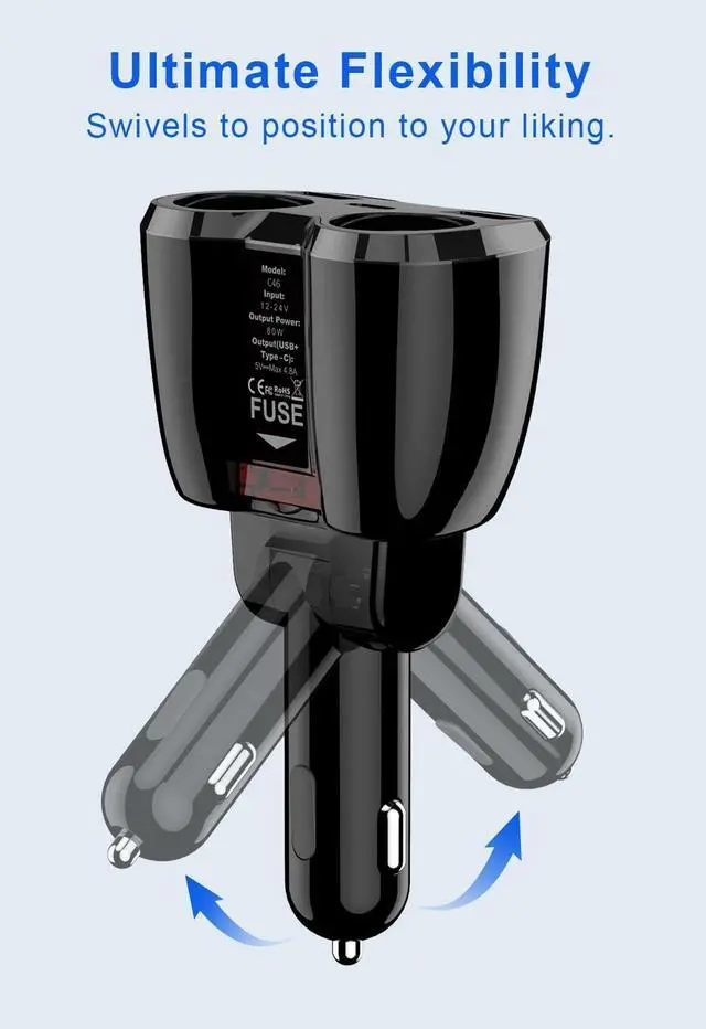 Alt view image 6 of 7 - Upgraded Cigarette Lighter Splitter, 2 Socket Cigarette Lighter Adapter with LED Voltmeter, Dual USB A 12V and Type C 20W PD Car Charger Adapter for Mobile Cell Phone GPS Dash Cam