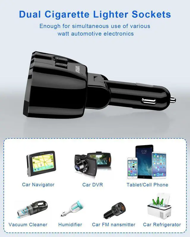 Alt view image 7 of 7 - Upgraded Cigarette Lighter Splitter, 2 Socket Cigarette Lighter Adapter with LED Voltmeter, Dual USB A 12V and Type C 20W PD Car Charger Adapter for Mobile Cell Phone GPS Dash Cam