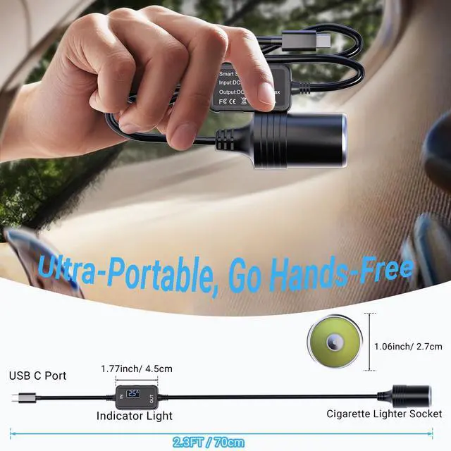 Alt view image 2 of 7 - USB C to 12V Cigarette Lighter Adapter: Max 36W USB C Male to Car Cigarette Lighter Female Socket Type C Converter Power Cable PD3.0 for Dash Cam GPS Recorder Power Bank Led Light Strips