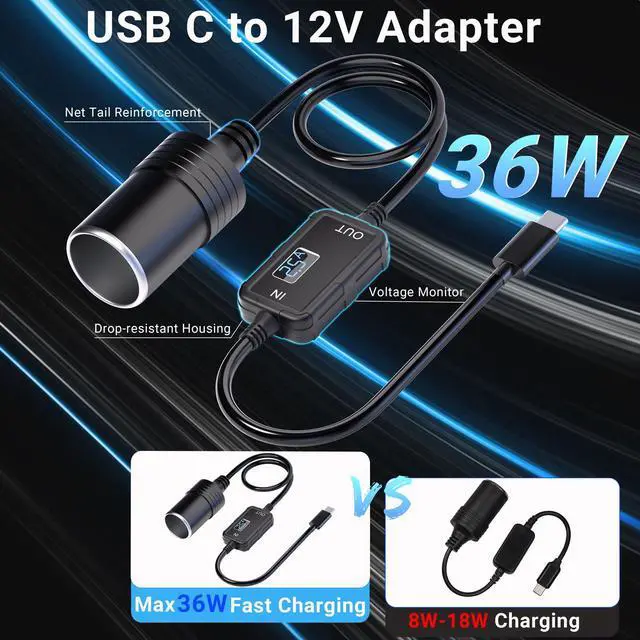 Alt view image 3 of 7 - USB C to 12V Cigarette Lighter Adapter: Max 36W USB C Male to Car Cigarette Lighter Female Socket Type C Converter Power Cable PD3.0 for Dash Cam GPS Recorder Power Bank Led Light Strips