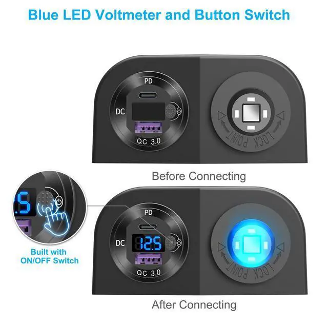 Alt view image 4 of 7 - Tent Type Panel 12V USB Outlet Lighted Cigarette Lighter Socket, PD3.0 & QC3.0 Car USB Port Aluminum Charger with LED Voltmeter & Switch, Waterproof Power Panel Adapter DIY Kit for Car Boat Marine RV