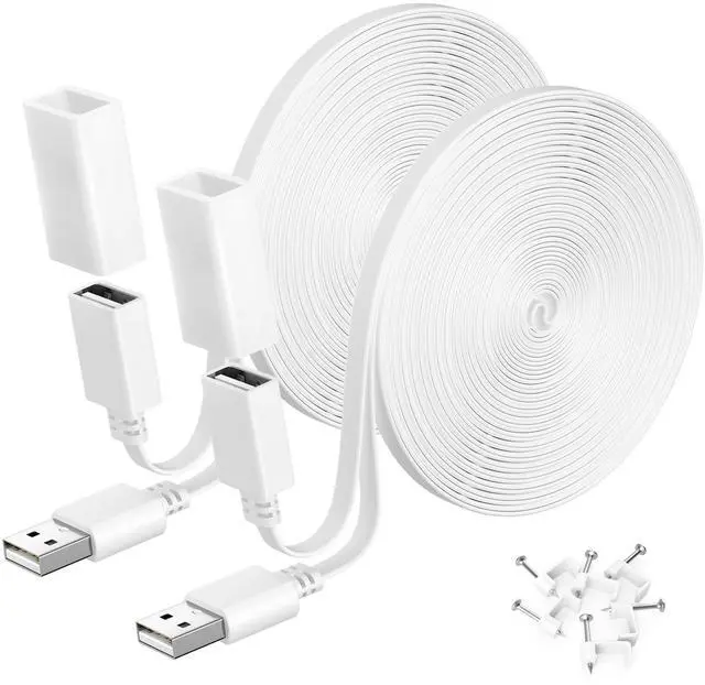 Main image of 30FT Ring Camera Extension Cord 2Pack,USB Extension Cable White Compatible with WYZE Cam V4 V3 V2,OG,Blink 4,Blink XT,Mini 2,Google Nest,Flat Weatherproof Power Extender Charging Cable Wire