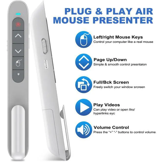 Alt view image 3 of 5 - Wireless Presentation Remote with Air Mouse White, RF 2.4GZ Rechargeable USB C Slide Clicker for Powerpoint Presentations for Laptop/Computer/MAC