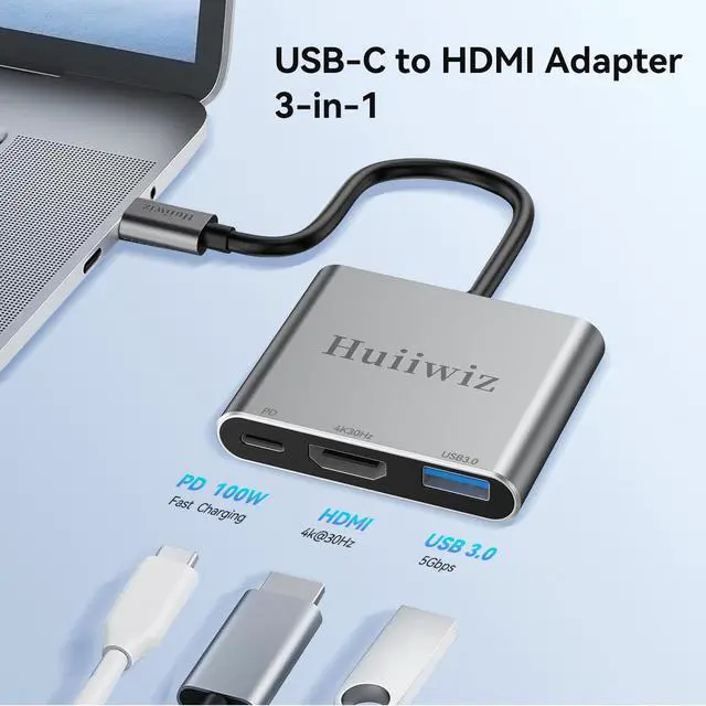 Alt view image 2 of 7 - USB C to HDMI Multiport Adapter for Mac MacBook iPad, USB-C to HDMI USB Adapter with Charging USB 3.0/ PD 100W/4K 30Hz