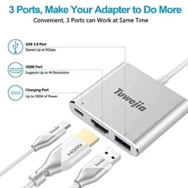Alt view image 2 of 7 - USB C to HDMI Multiport Adapter USB 3.1 Gen 1 Thumderbolt 3 to HDMI 4K Video Converter /USB 3.0 hub Port PD Quick Charging Port with Large Projection