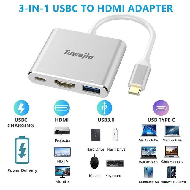 Alt view image 3 of 7 - USB C to HDMI Multiport Adapter USB 3.1 Gen 1 Thumderbolt 3 to HDMI 4K Video Converter /USB 3.0 hub Port PD Quick Charging Port with Large Projection