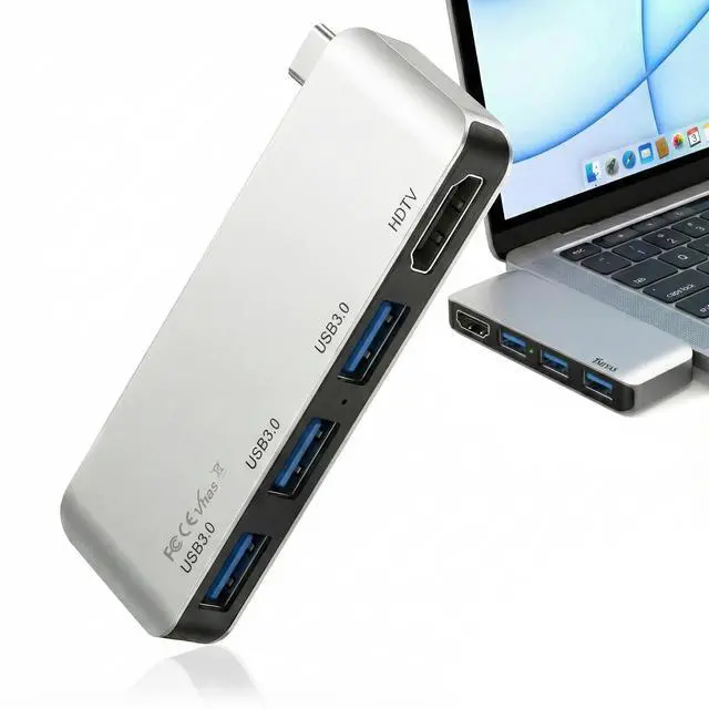 Main image of USB C Hub with HDMI, 4-in-1 Multiport Adapter with 4K Output, 3 USB 3.0 Data Ports, Portable Aluminum USB-C Hub for Laptop, MacBook Pro, Air, HP, Dell,Surface