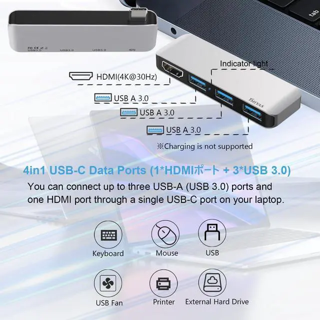 Alt view image 3 of 7 - USB C Hub with HDMI, 4-in-1 Multiport Adapter with 4K Output, 3 USB 3.0 Data Ports, Portable Aluminum USB-C Hub for Laptop, MacBook Pro, Air, HP, Dell,Surface