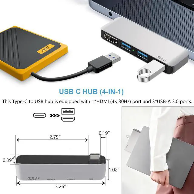 Alt view image 2 of 7 - USB C Hub with HDMI, 4-in-1 Multiport Adapter with 4K Output, 3 USB 3.0 Data Ports, Portable Aluminum USB-C Hub for Laptop, MacBook Pro, Air, HP, Dell,Surface
