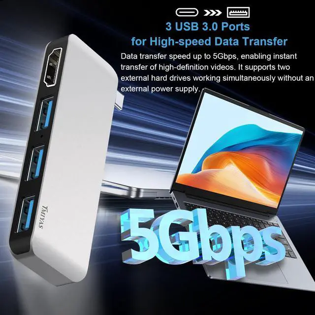 Alt view image 4 of 7 - USB C Hub with HDMI, 4-in-1 Multiport Adapter with 4K Output, 3 USB 3.0 Data Ports, Portable Aluminum USB-C Hub for Laptop, MacBook Pro, Air, HP, Dell,Surface