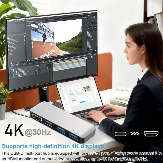 Alt view image 7 of 7 - USB C Hub with HDMI, 4-in-1 Multiport Adapter with 4K Output, 3 USB 3.0 Data Ports, Portable Aluminum USB-C Hub for Laptop, MacBook Pro, Air, HP, Dell,Surface